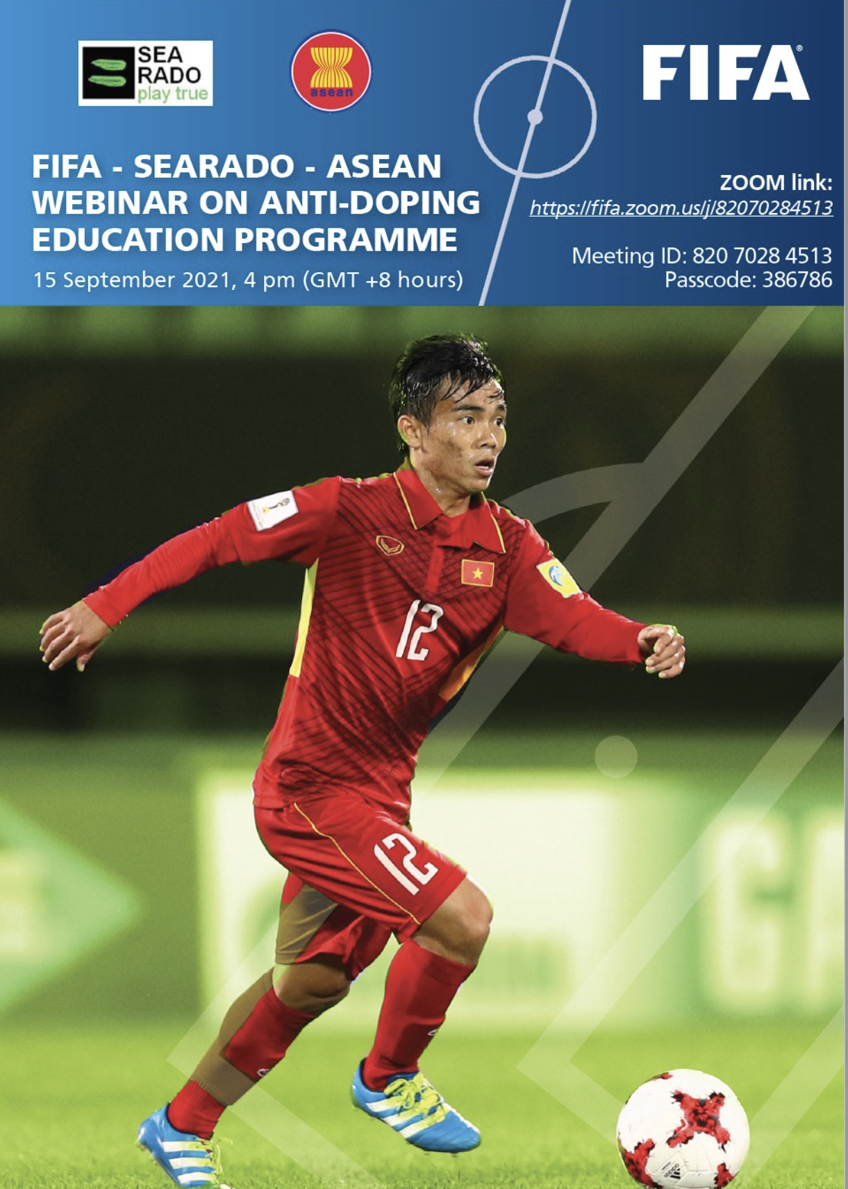 Promotional flyer for a FIFA-SEARADO-ASEAN anti-doping webinar featuring a footballer in red number 12 jersey.